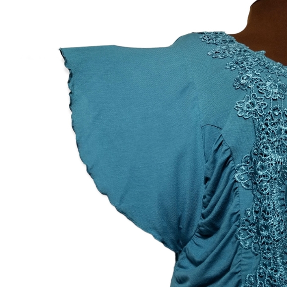 NWT One World Teal Lace Appliqué Top 1X Boho Cottagecore Ruched Butterfly Sleeve - Picture 7 of 11